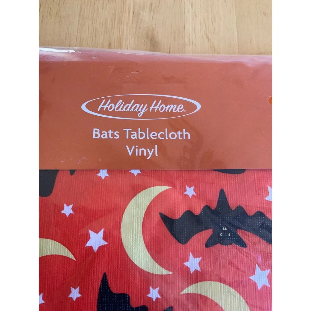 Holiday Home Halloween Bats Vinyl Tablecloth Orange Moon Star Square 52x52 NEW